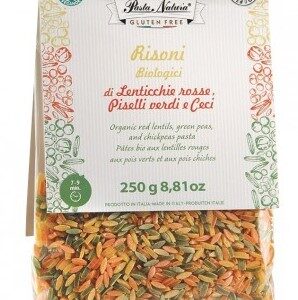 Paste Risoni tricolore cu mazare, linte si naut 250g Pasta Natura